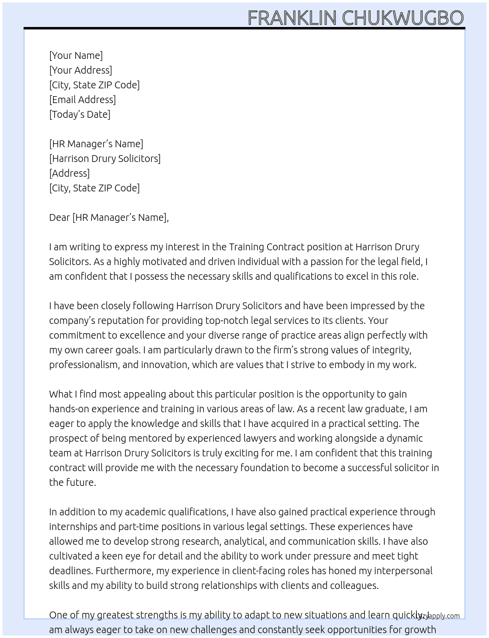 Training Contract At Harrison Drury Solicitors Cover Letter
