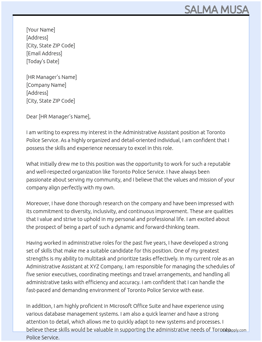 Administrative Assistant At Toronto Police Service Cover Letter