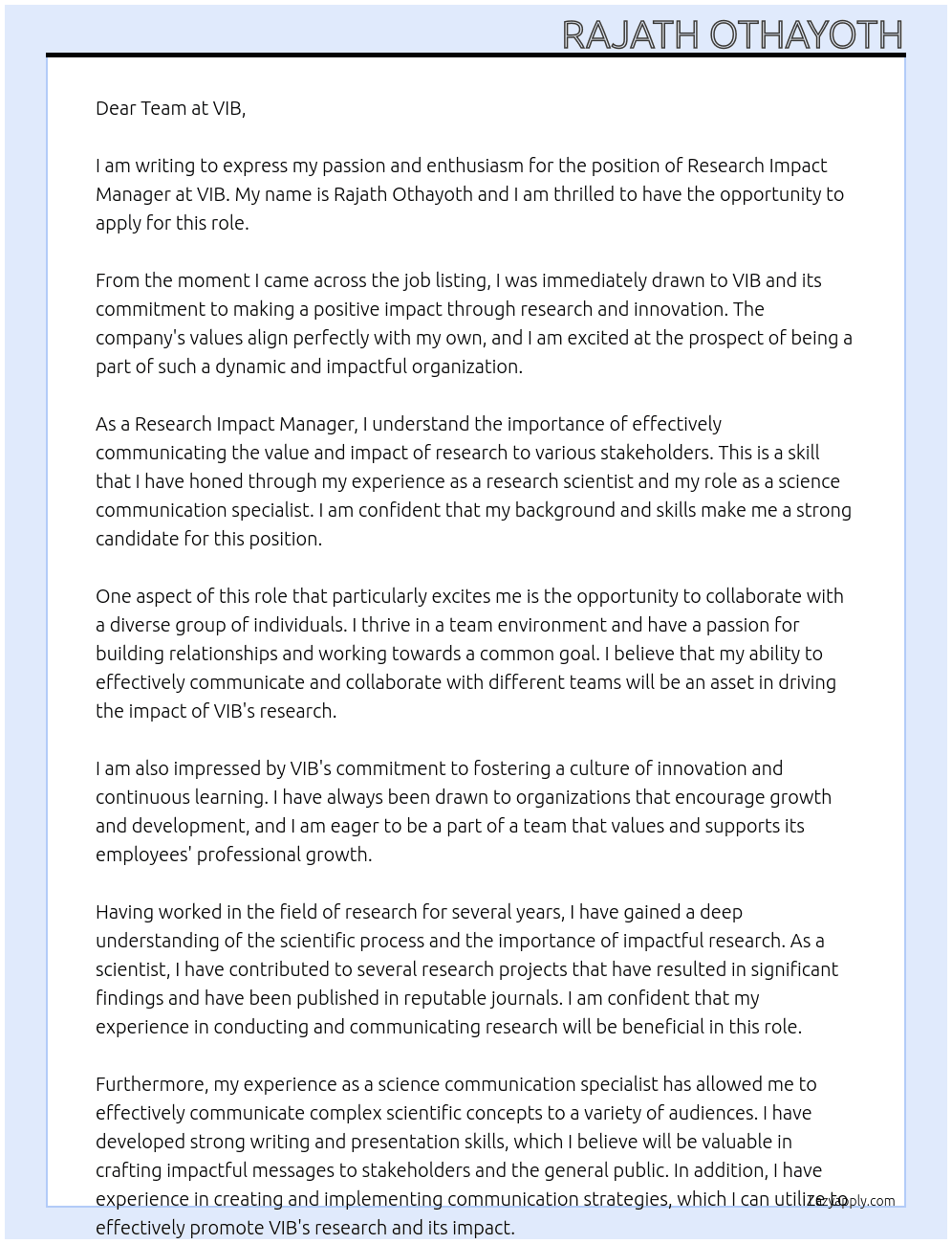 Research Impact Manager At VIB Cover Letter
