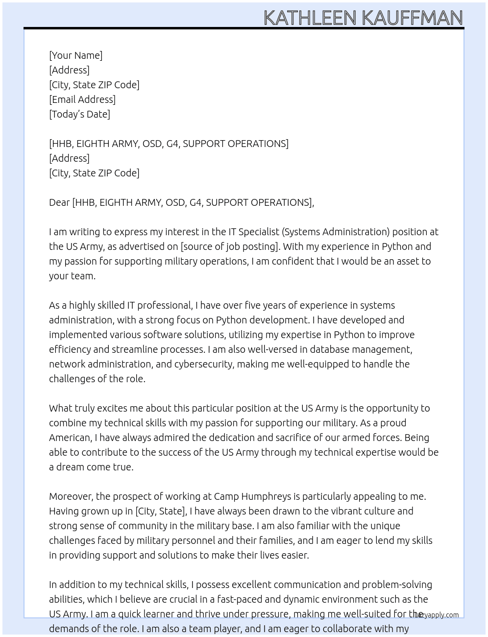 IT Specialist (Systems Administration) At US Army Cover Letter