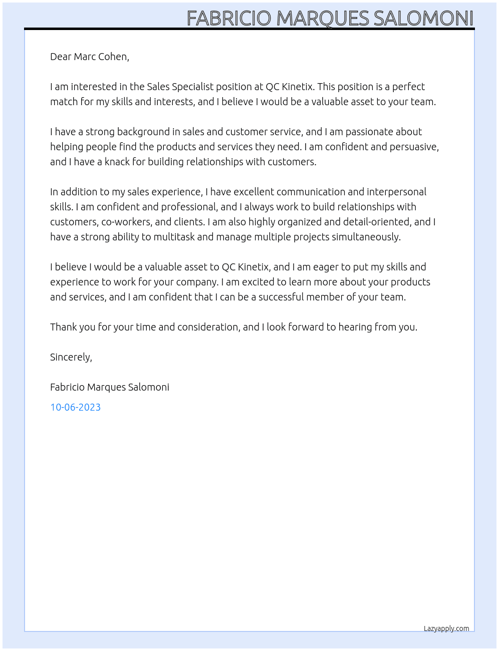 Sales Specialist At QC Kinetix Cover Letter