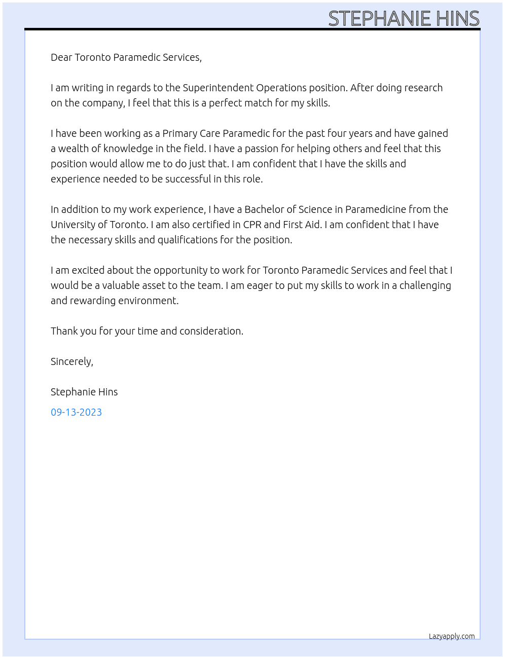 Superintendent Operations At Toronto Paramedic Services Cover Letter