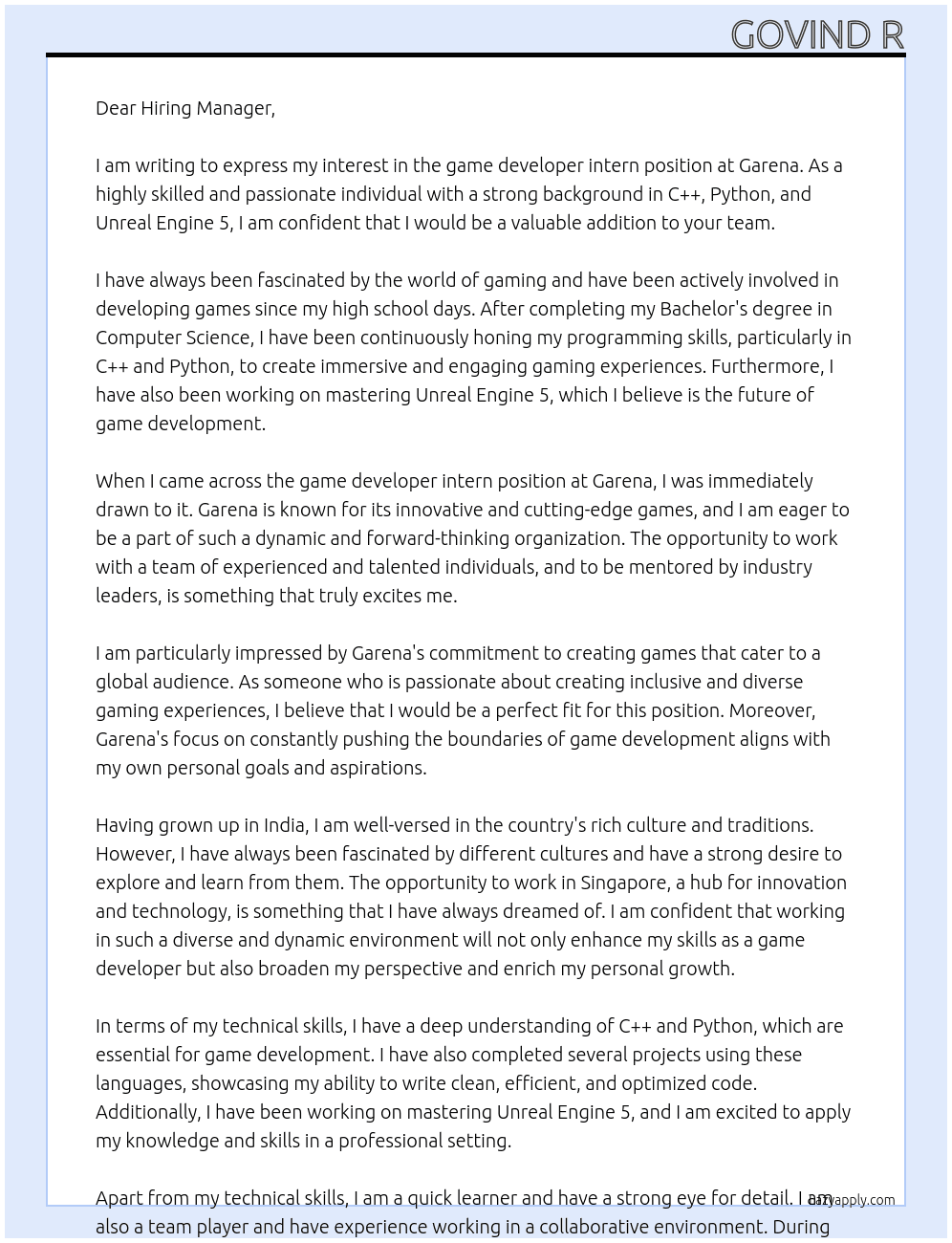 Cover letter for game developer intern - LazyApply