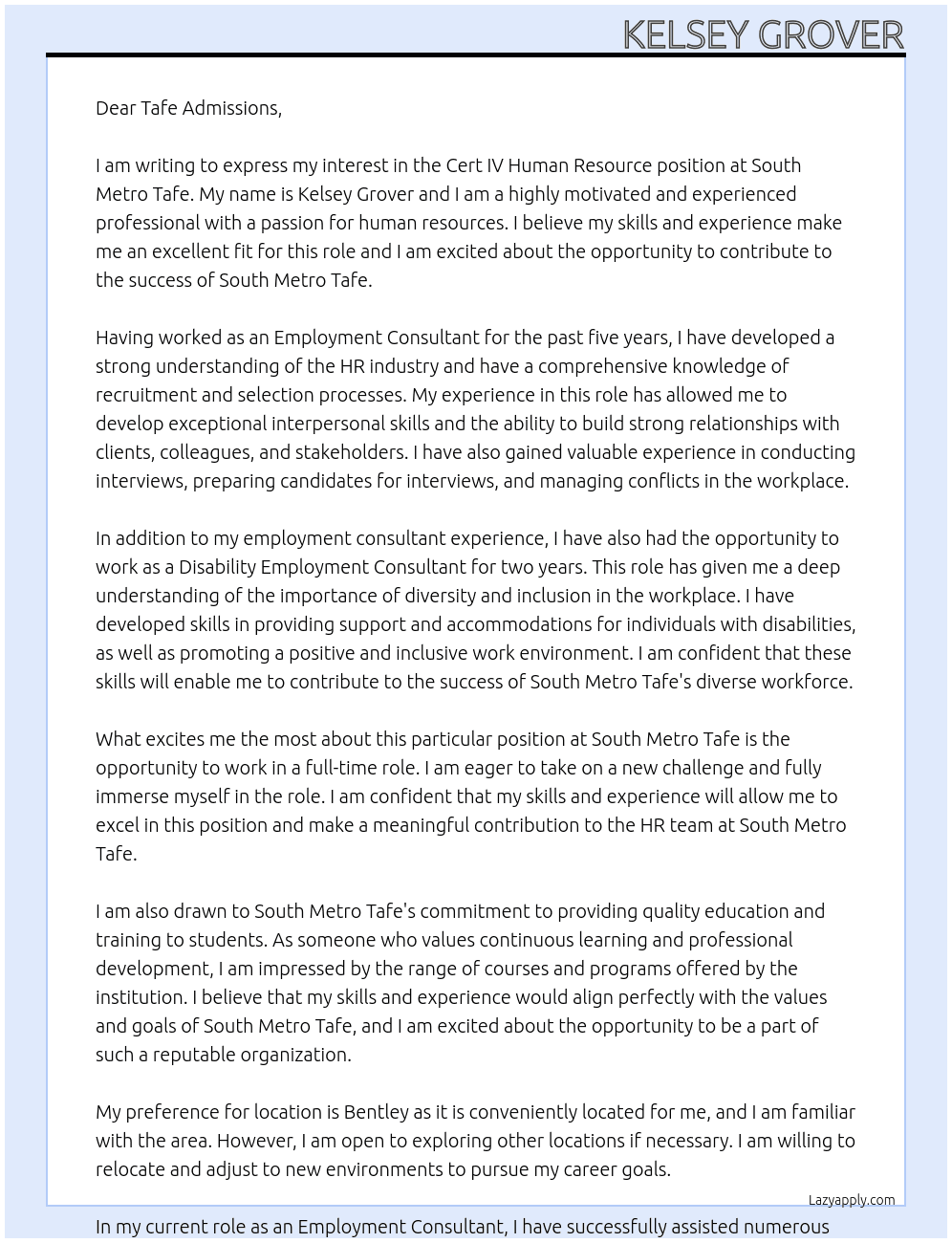 Cert IV Human Rescourse At South Metro Tafe Cover Letter
