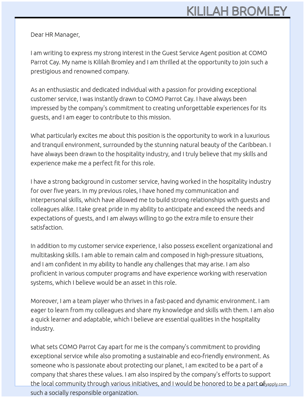 Guest Service Agent  At COMO Parrot Cay  Cover Letter