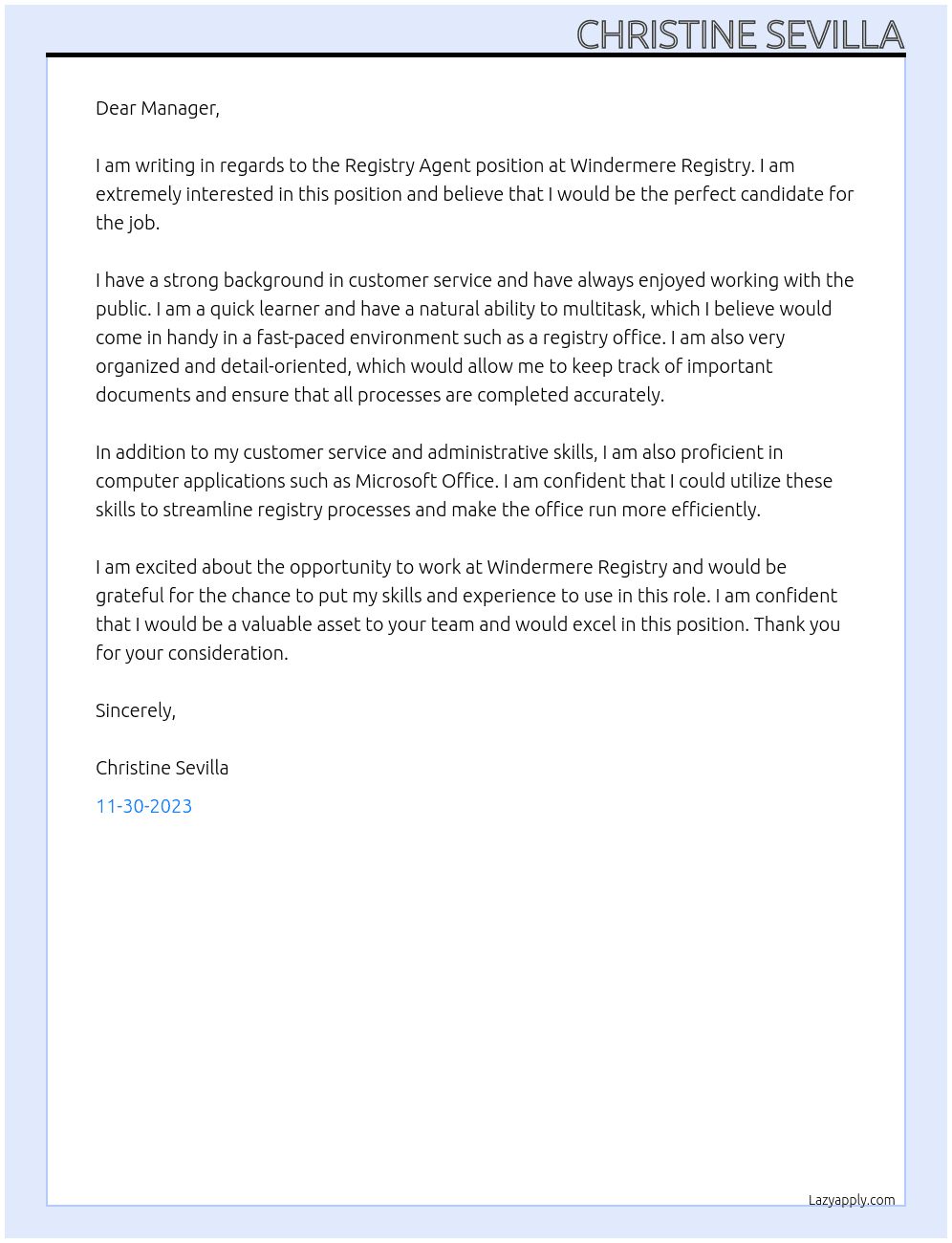 REGISTRY AGENT At WINDEREMERE REGISTRY Cover Letter