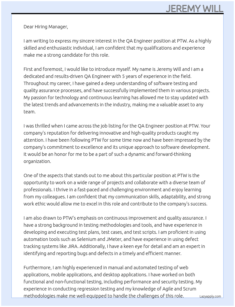 QA Engineer At PTW Cover Letter