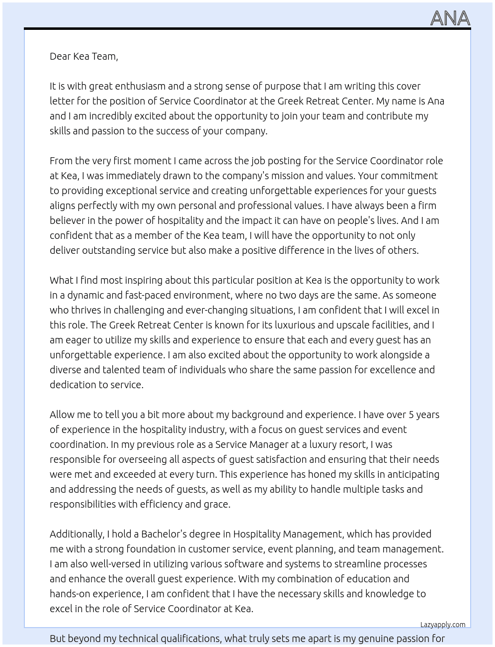 Service cordinator at Greek retreat center At Kea Cover Letter