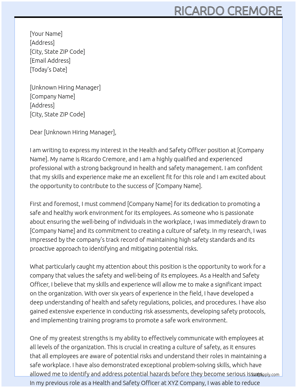 Health and safety officer At Self Cover Letter