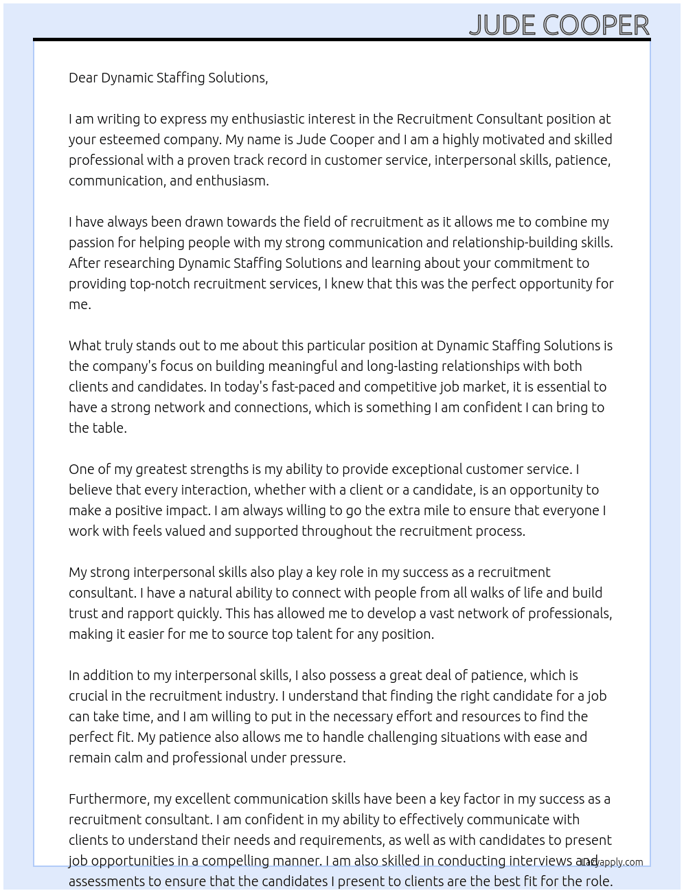 recruitment consultant At Dynamic Staffing Solutions Cover Letter