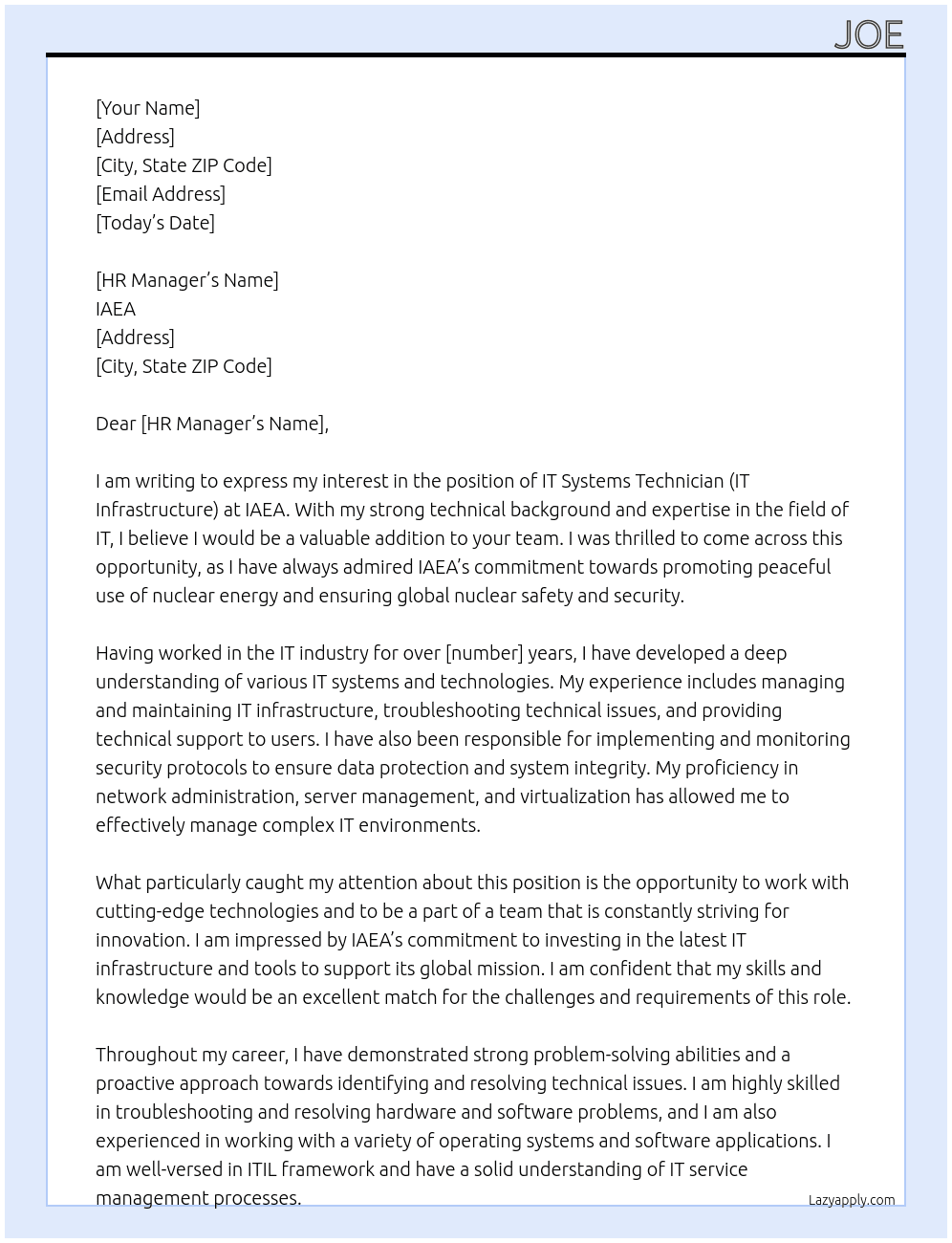 IT Systems Technician (IT Infrastructure) At IAEA  Cover Letter