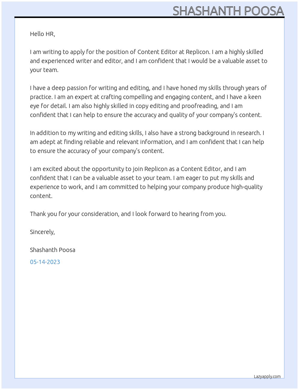 Content Editor  At Replicon Cover Letter