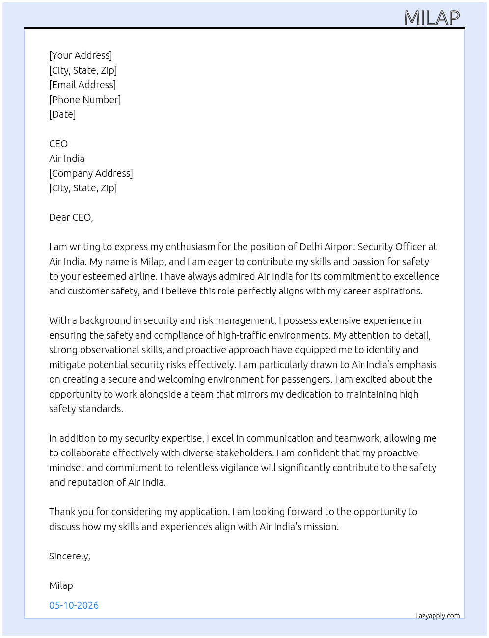 DELHI AIRPORT SECURITY OFFICER  At AIR INDIA Cover Letter