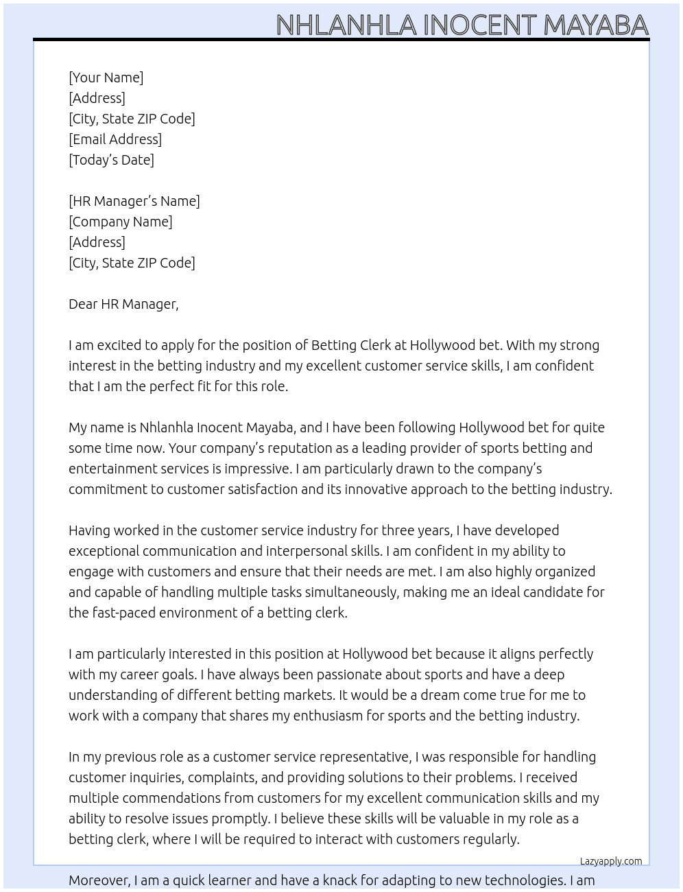 Betting clerk  At Hollywood bet Cover Letter