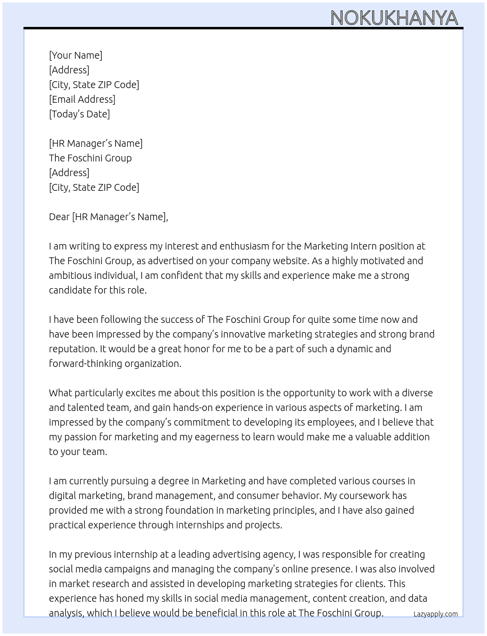 Marketing Intern  At The Foschini Group  Cover Letter