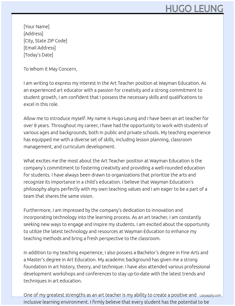 art teacher At Wayman Education Cover Letter