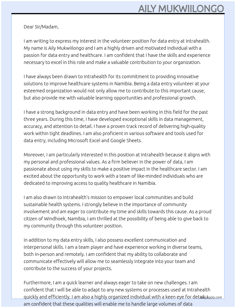 Volunteer for data entry  At Intrahealth  Cover Letter