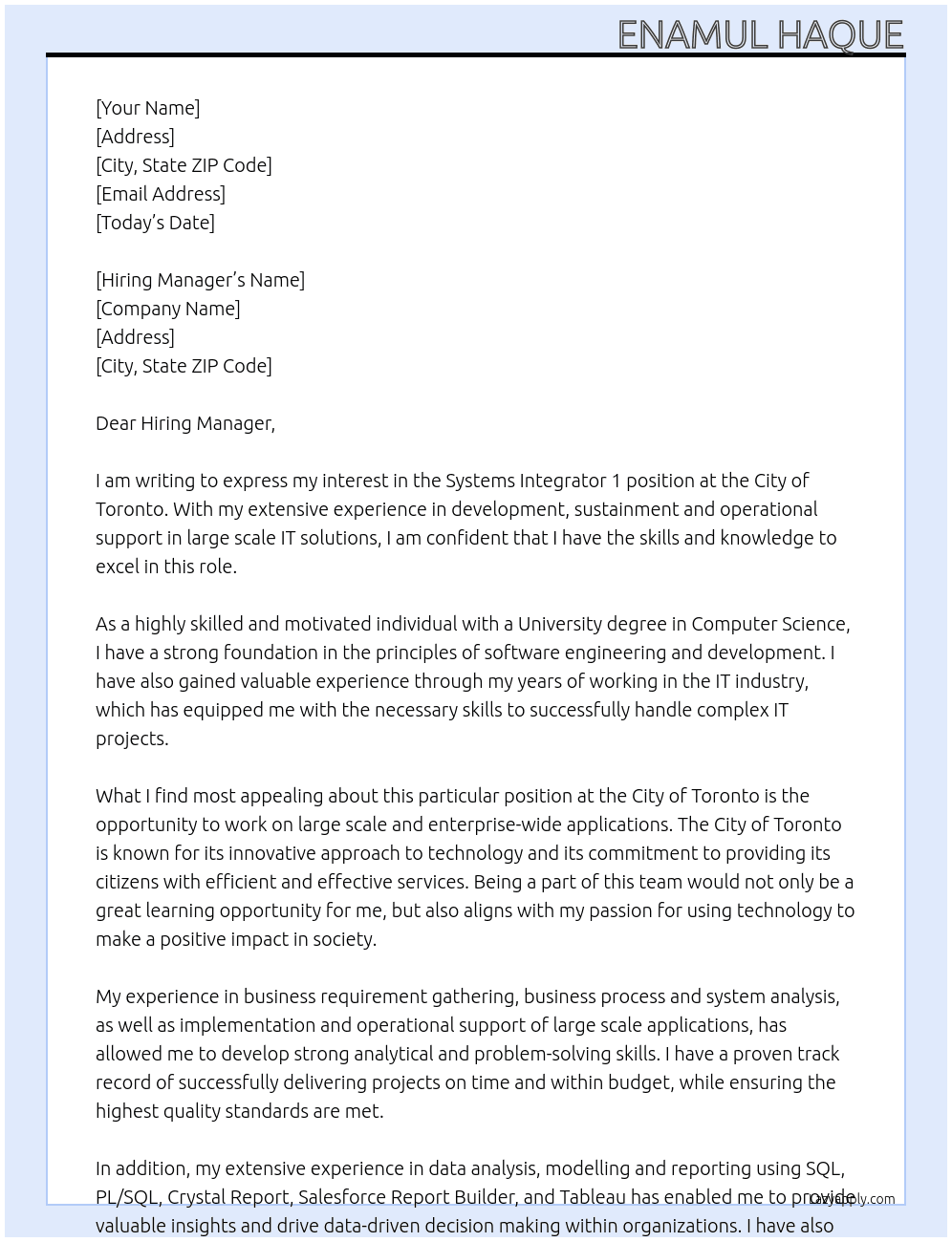 Cover letter for systems integrator 1 - LazyApply