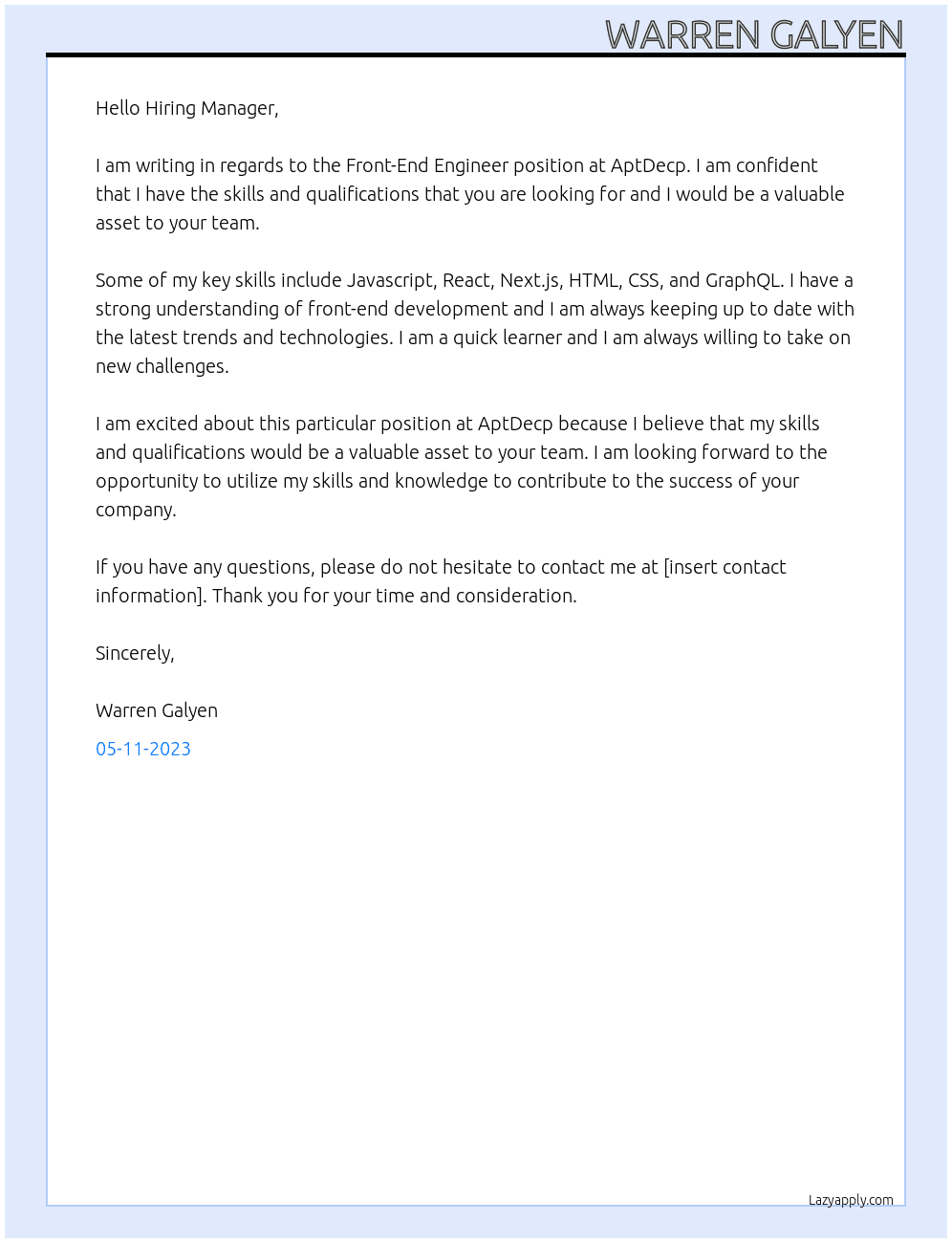 Front-End Engineer At AptDecp Cover Letter