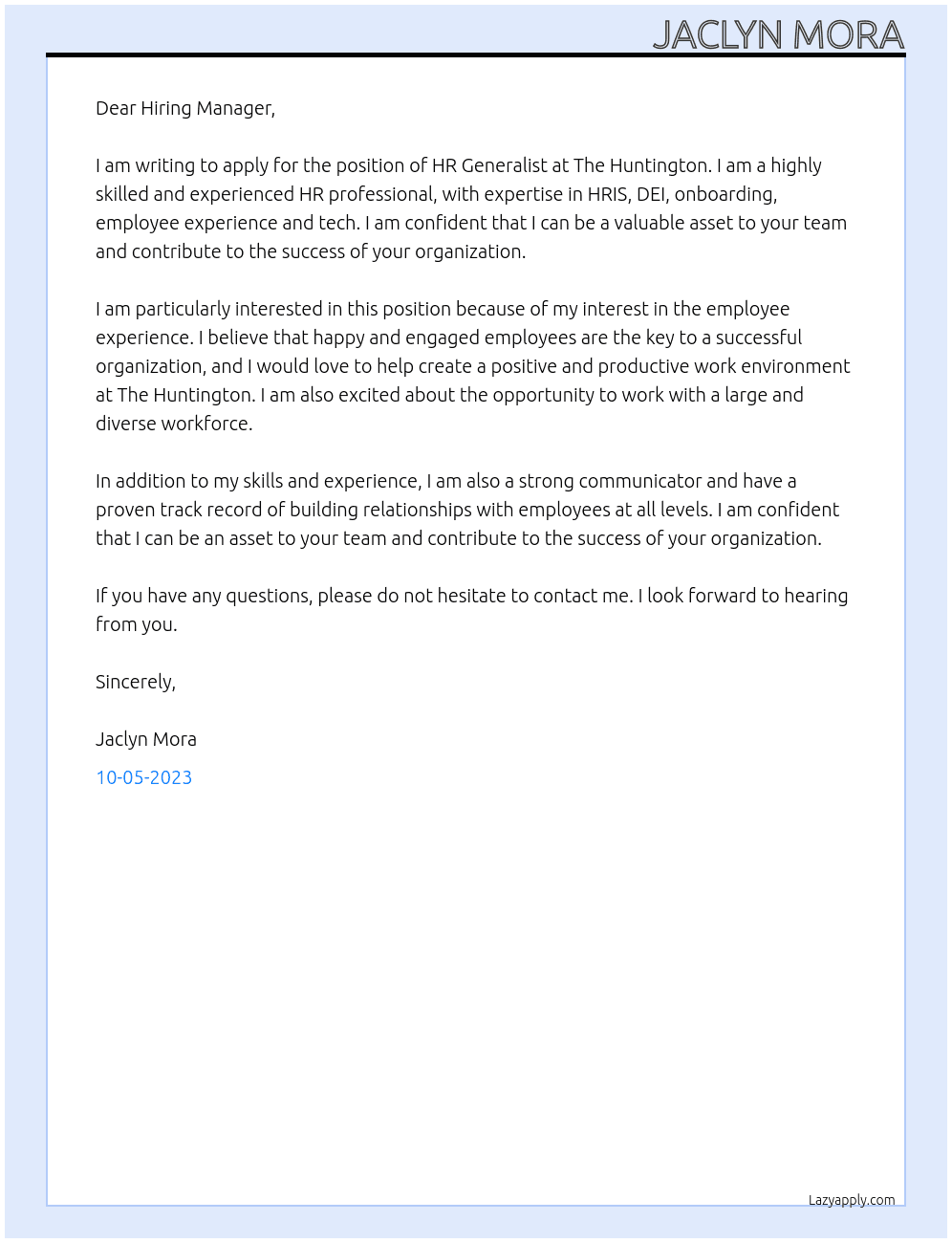 HR Generalist At The Huntington Cover Letter