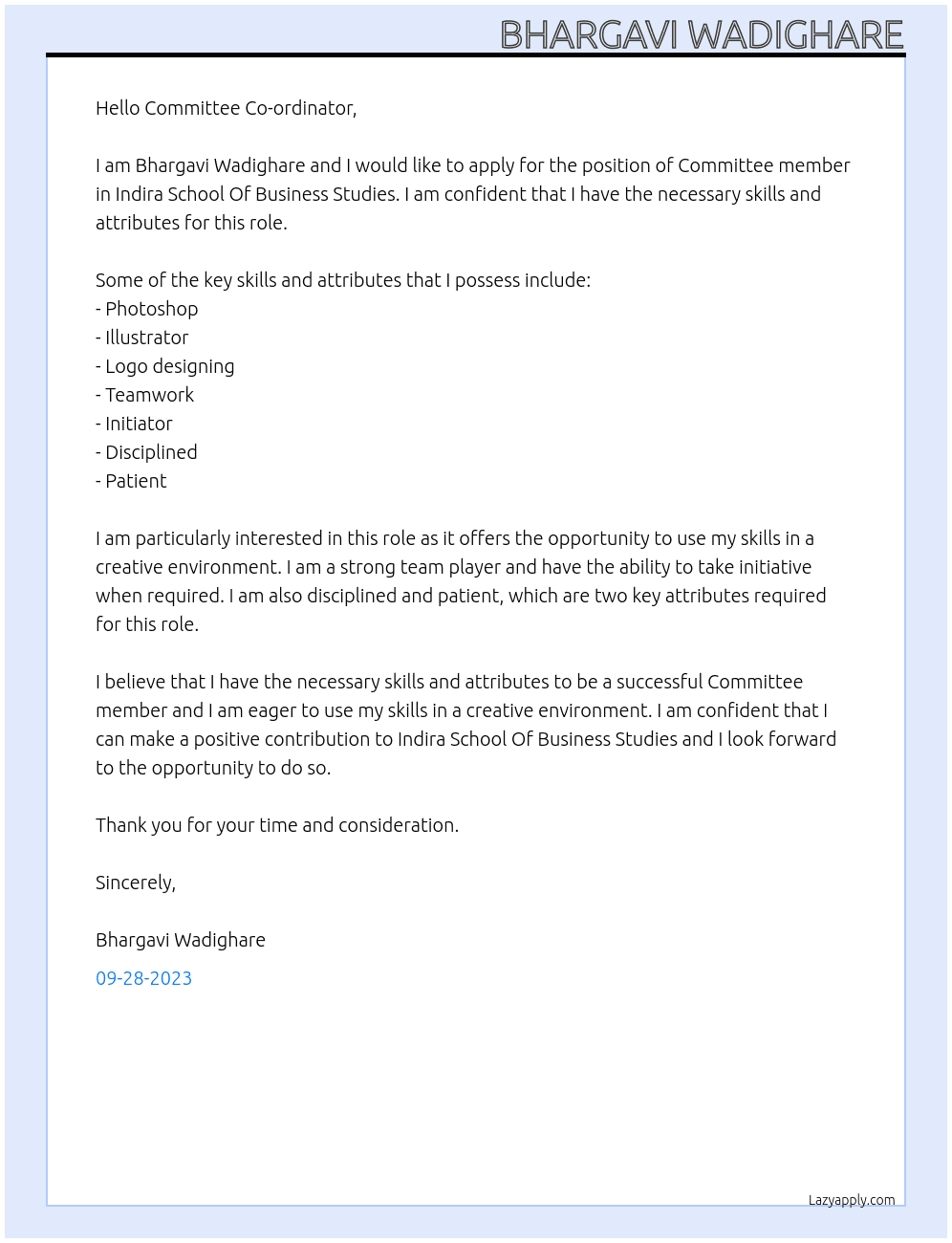Committee member At Indira School Of Business Studies Cover Letter
