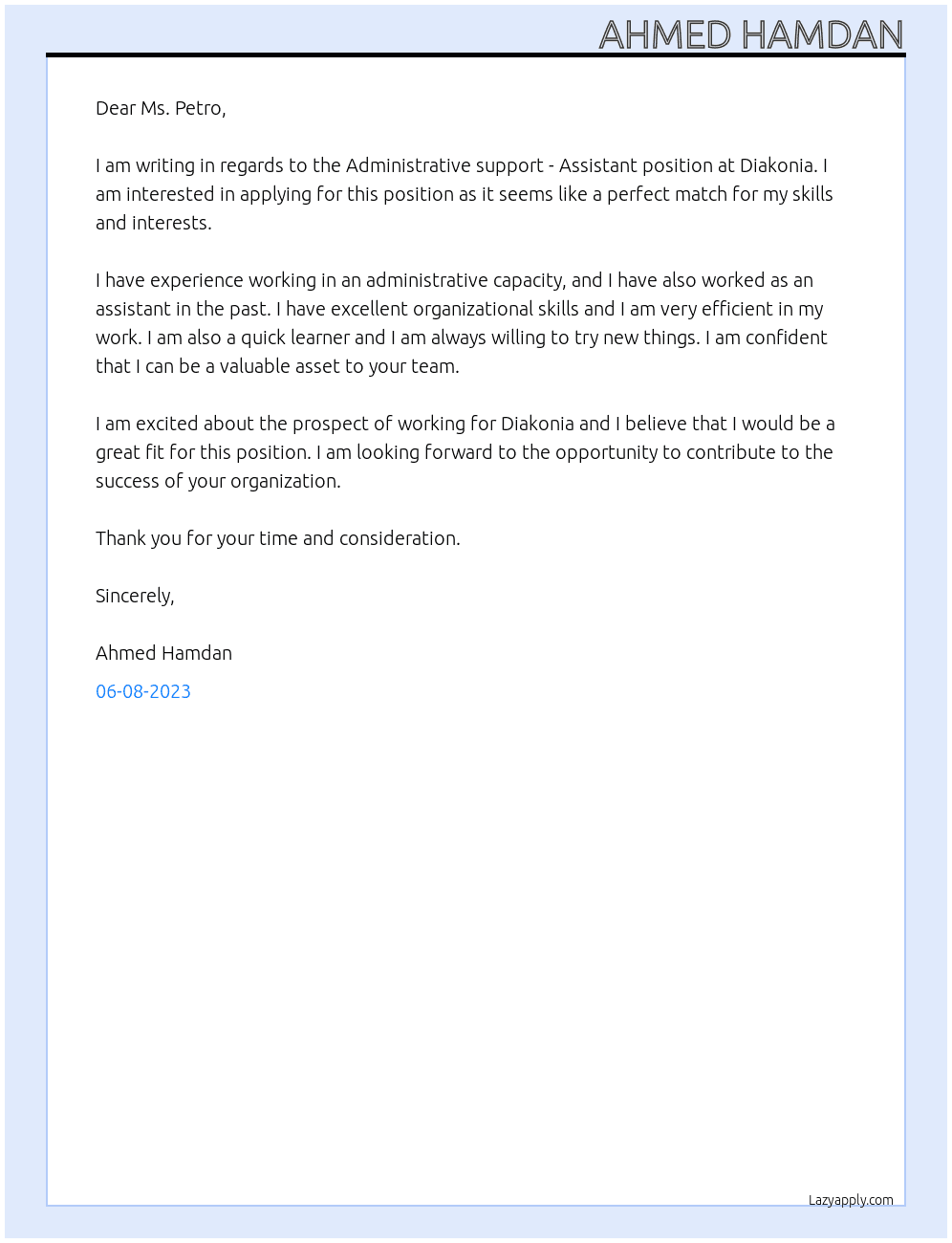  Administrative support - Assistant At Diakonia Cover Letter