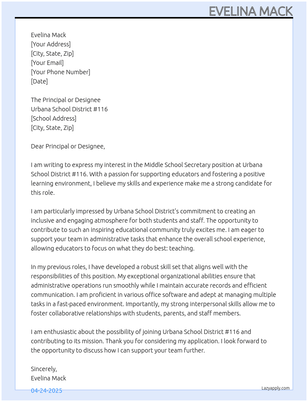 Middle School Secretary At Urbana School District #116 Cover Letter