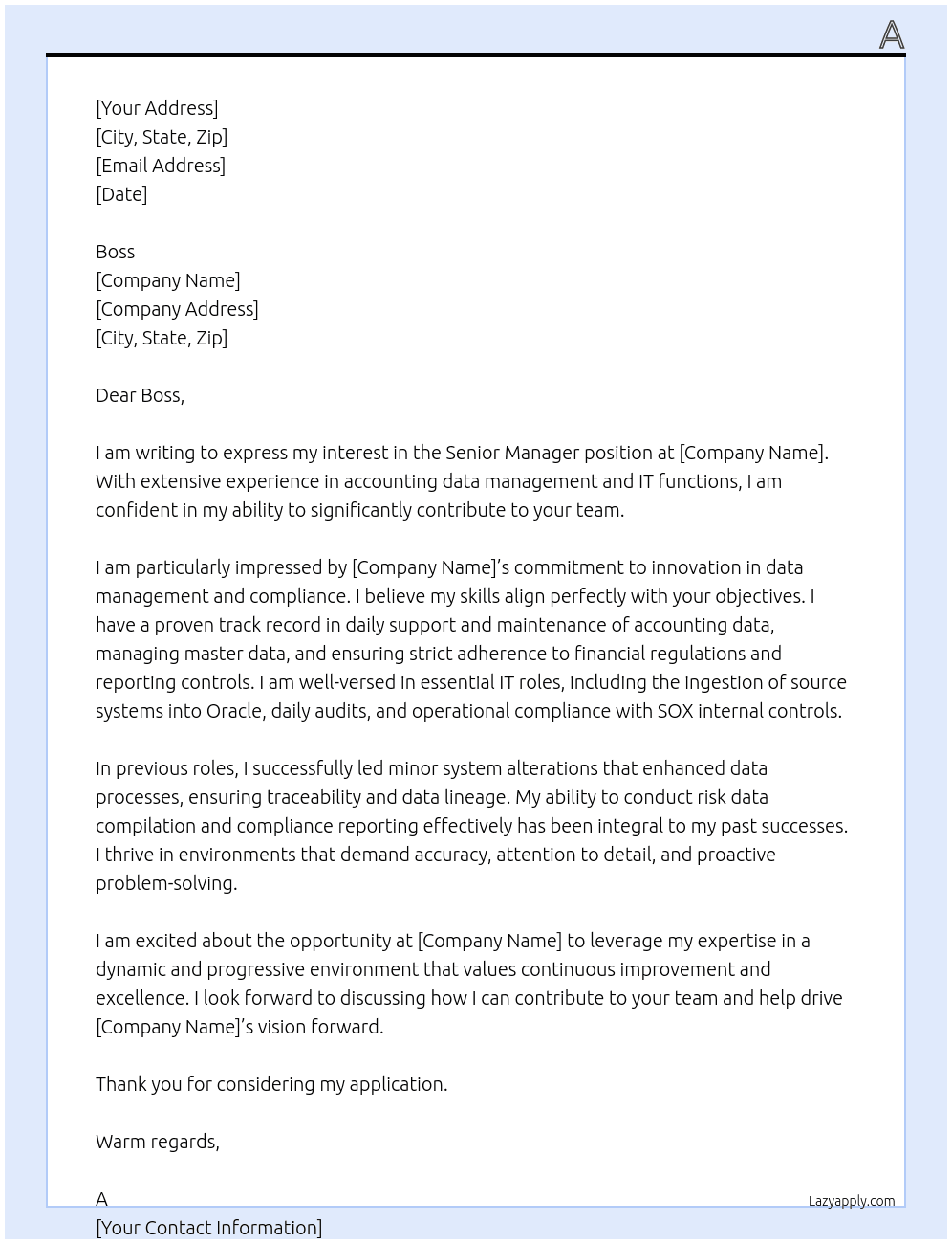Senior Manager At add Cover Letter