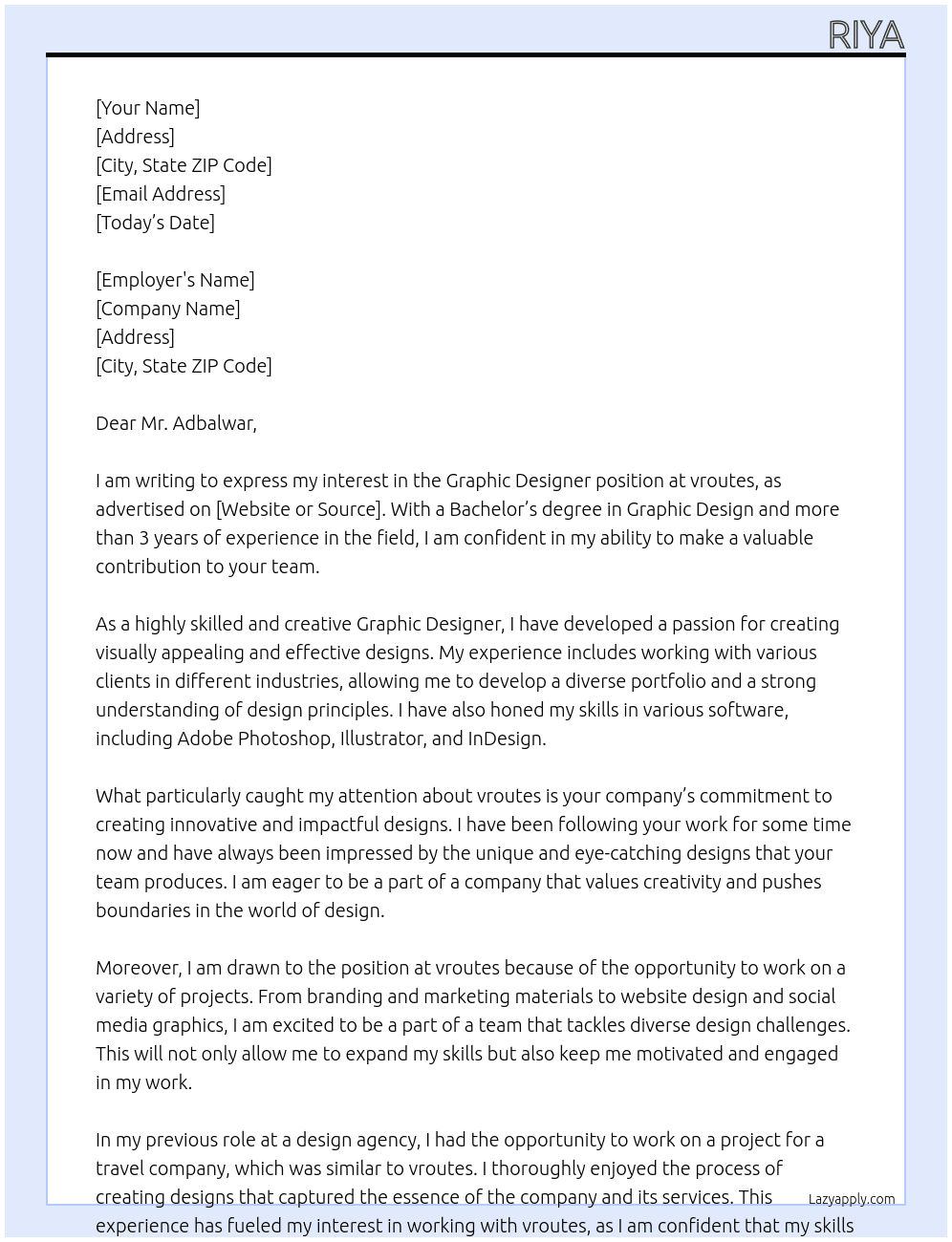 graphic designer  At vroutes Cover Letter