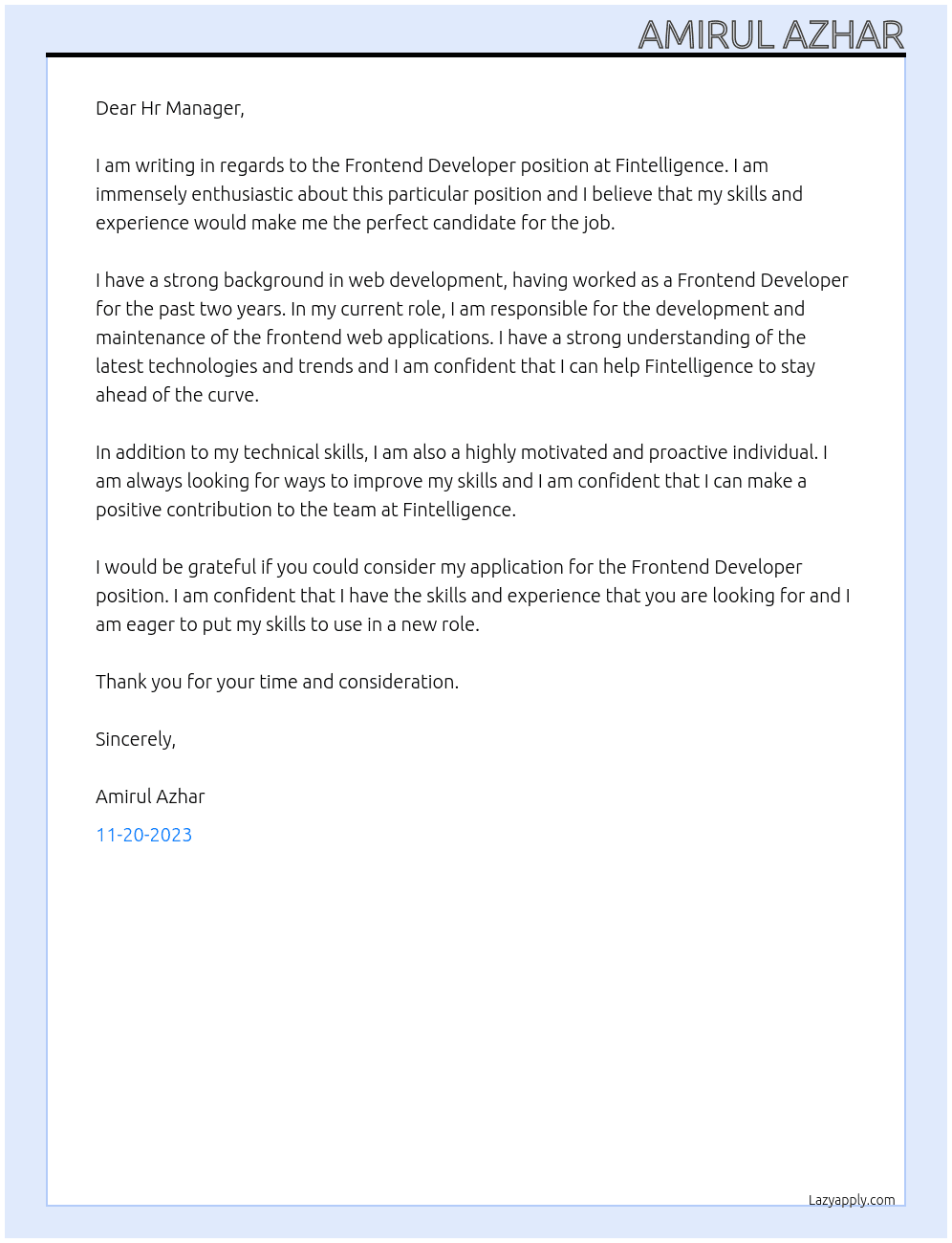 Frontend Developer At Fintelligence Cover Letter