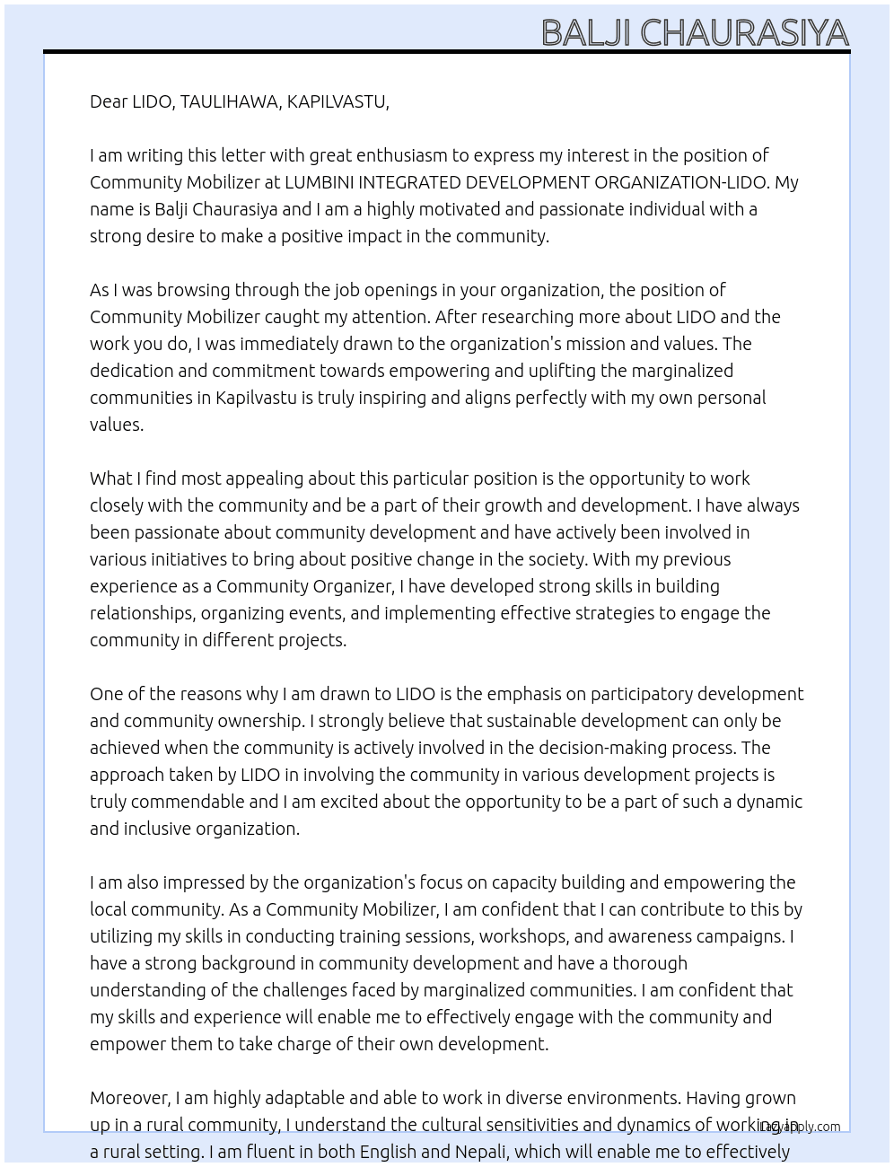 Community Mobilizer At LUMBINI INTEGRATED DEVELOPMENT ORGANIZATION-LIDO Cover Letter