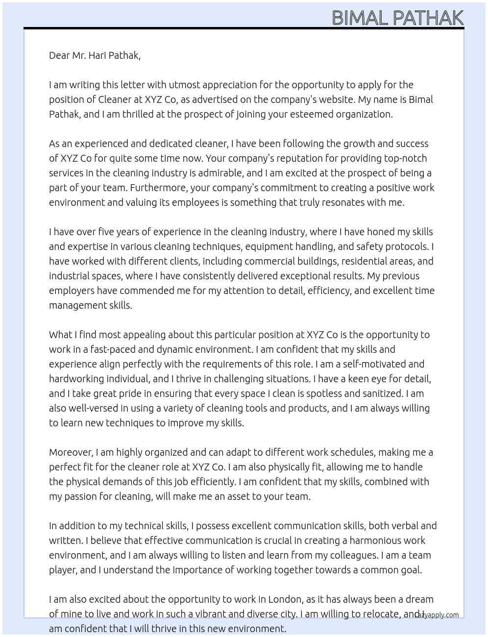Cleaner At XYZ Co Cover Letter