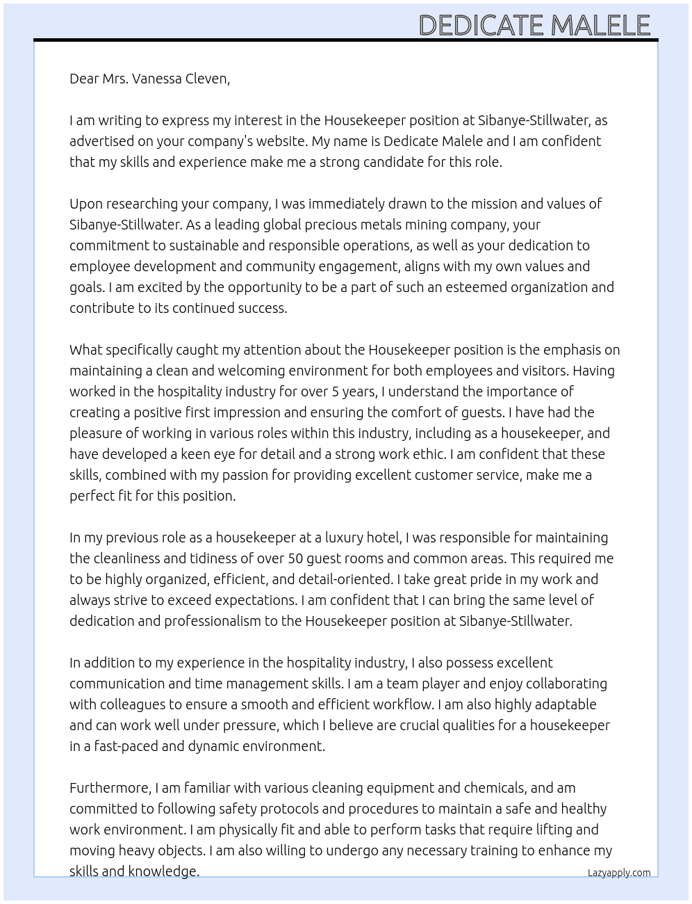 Housekeeper  At Sibanye-Stillwater  Cover Letter