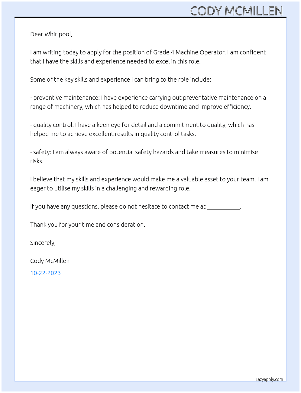 Grade 4 Machine operator  At Whirlpool  Cover Letter