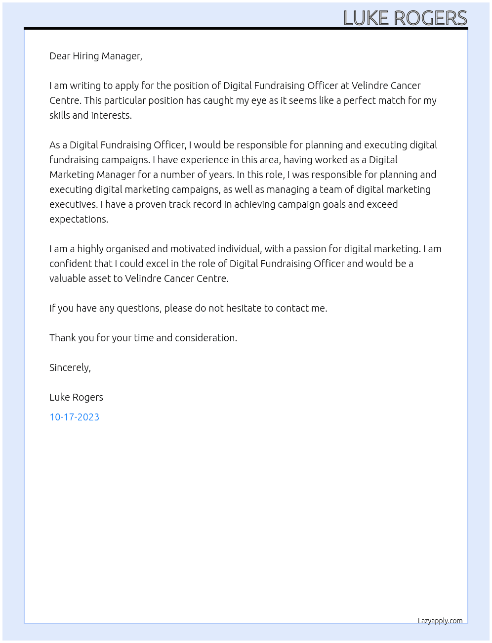 Digital Fundraising Officer At Velindre Cancer Centre Cover Letter