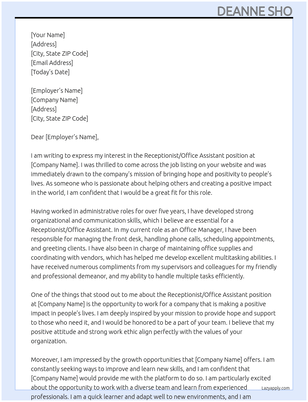 Receptionist/office assistant  At Hope for life Cover Letter