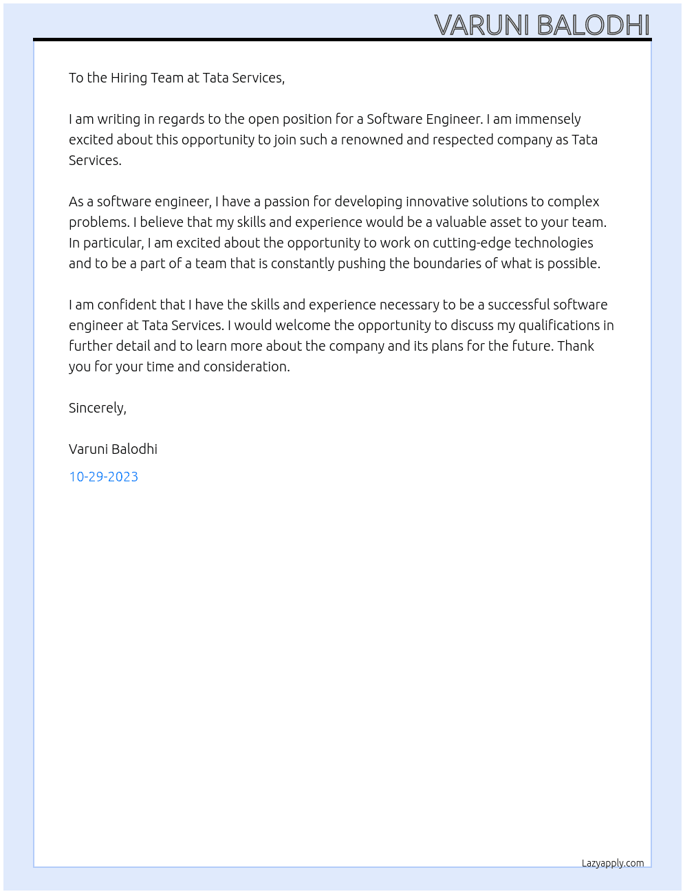 Software engineer At Tata services Cover Letter