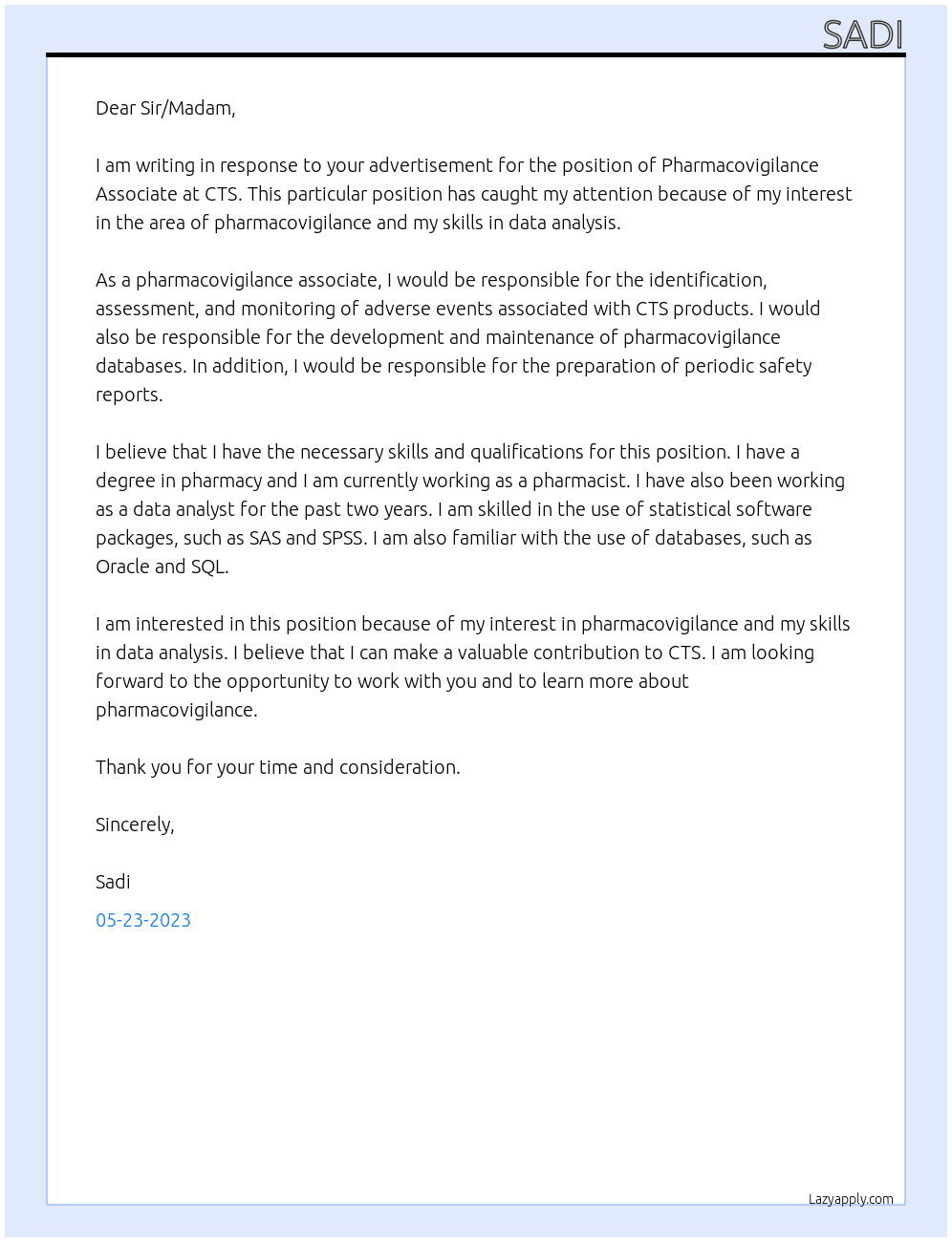 Pharmacovigilance Associate At CTS Cover Letter