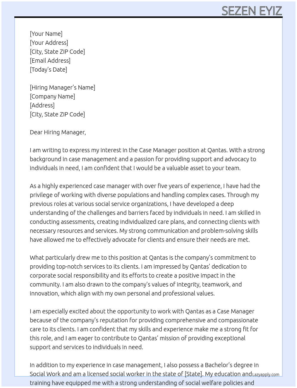 Case manager At Qantas Cover Letter