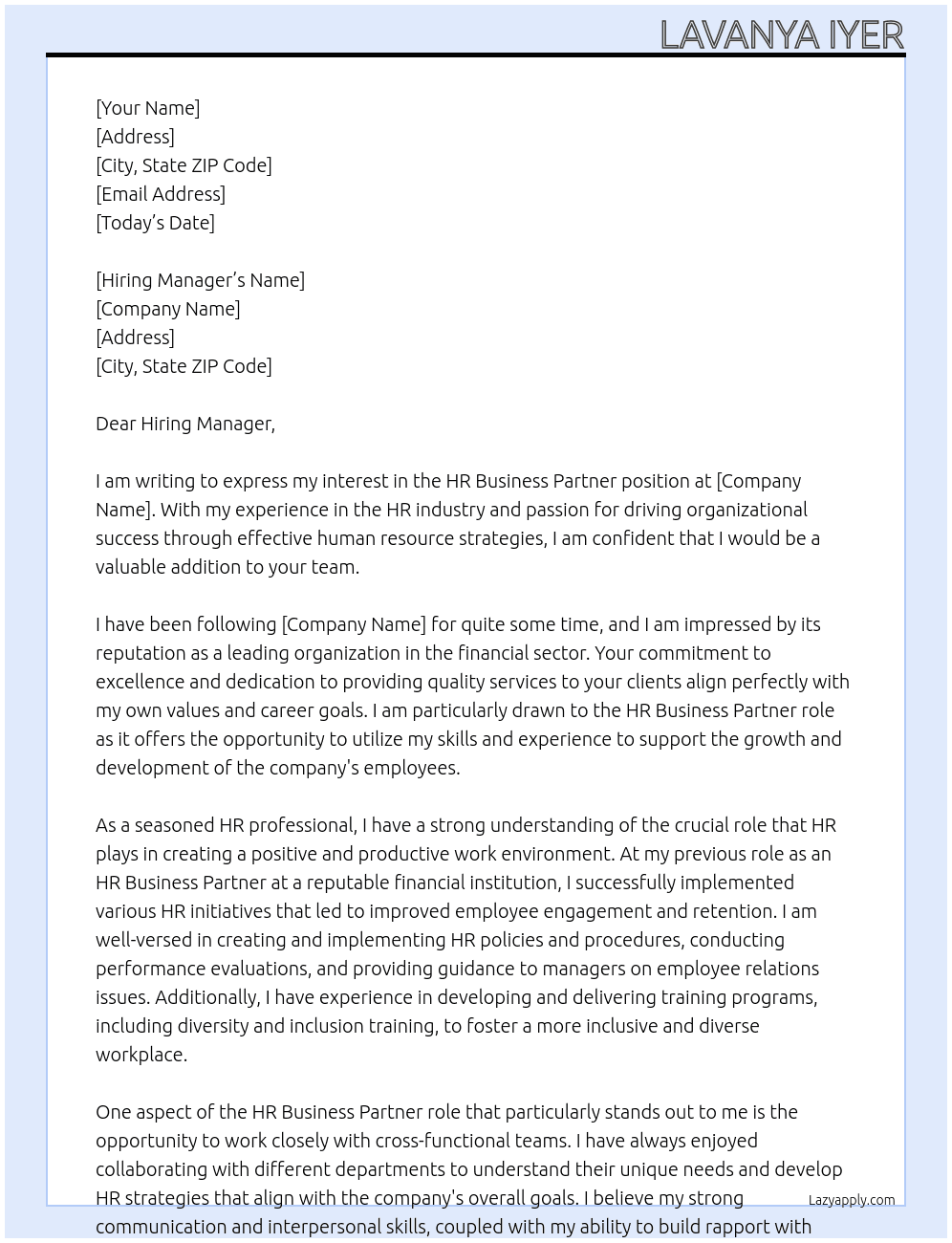 HR Business Partner At Financial Sector Cover Letter