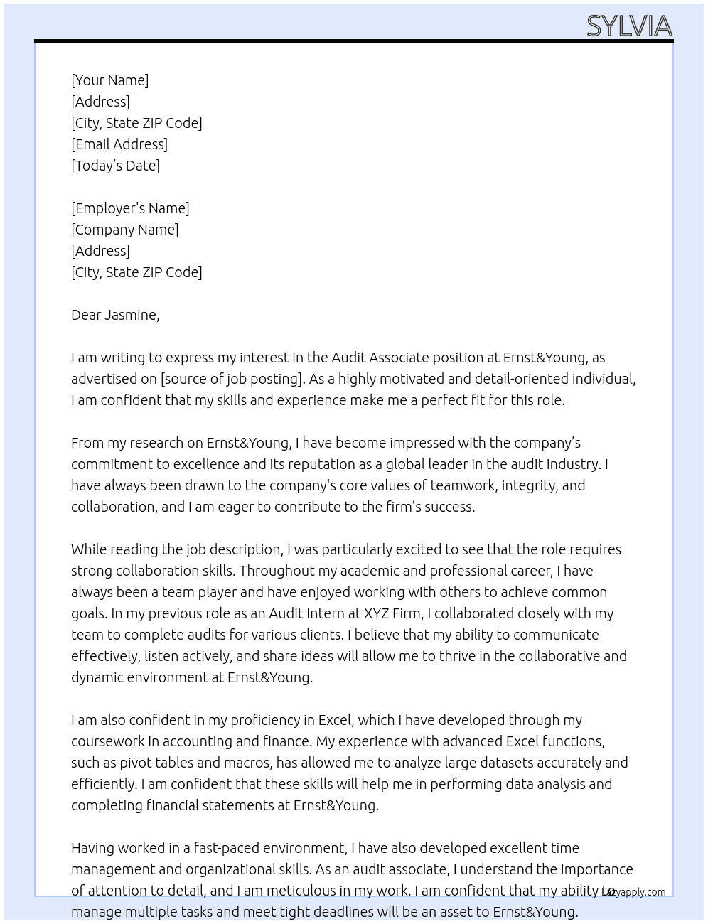 Audit Associate At Ernst&Young Cover Letter