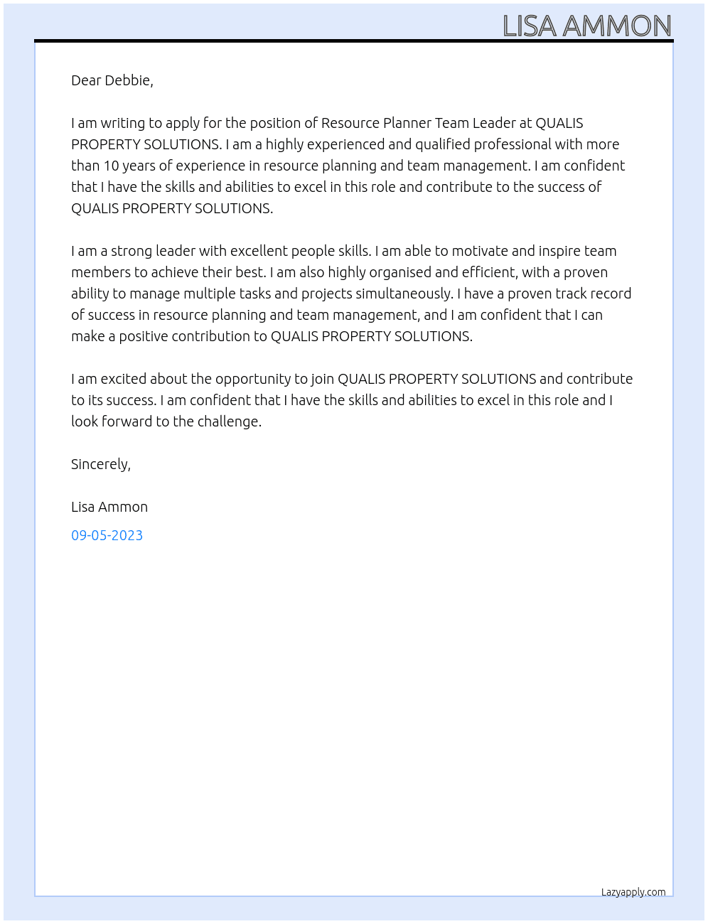Resource Planner Team Leader At QUALIS PROPERTY SOLUTIONS Cover Letter