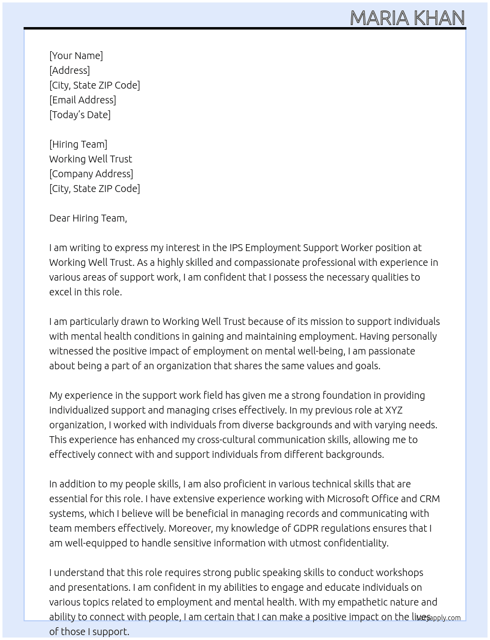 IPS Employment Support Worker At Working Well Trust Cover Letter