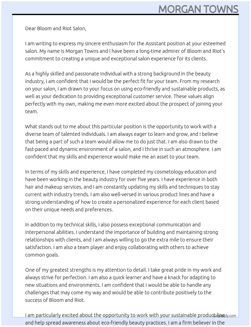 Assistant At Bloom and Riot Cover Letter