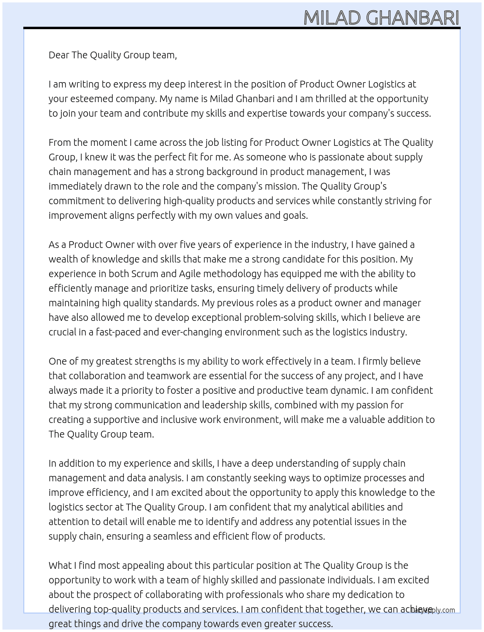 Product Owner Logistics  At The Quality Group Cover Letter
