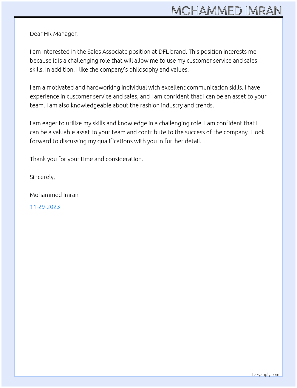 Sales associate  At DFL brand Cover Letter