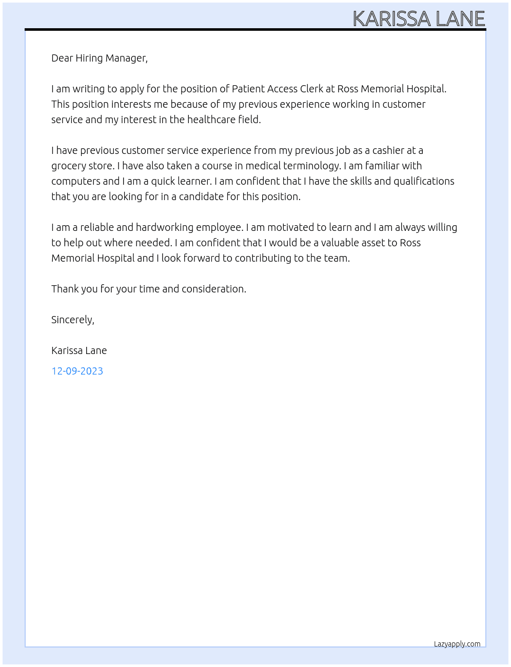 Patient Access Clerk At Ross Memorial Hospital Cover Letter