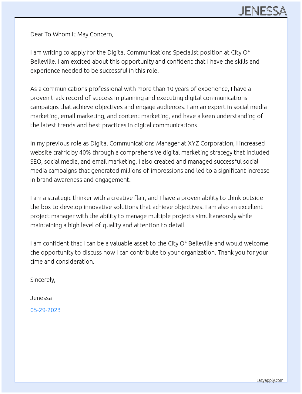 Digital Communications Specialist At City Of Belleville Cover Letter