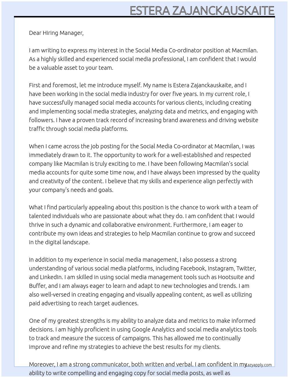 Social Media Co-ordinator At Macmilan Cover Letter