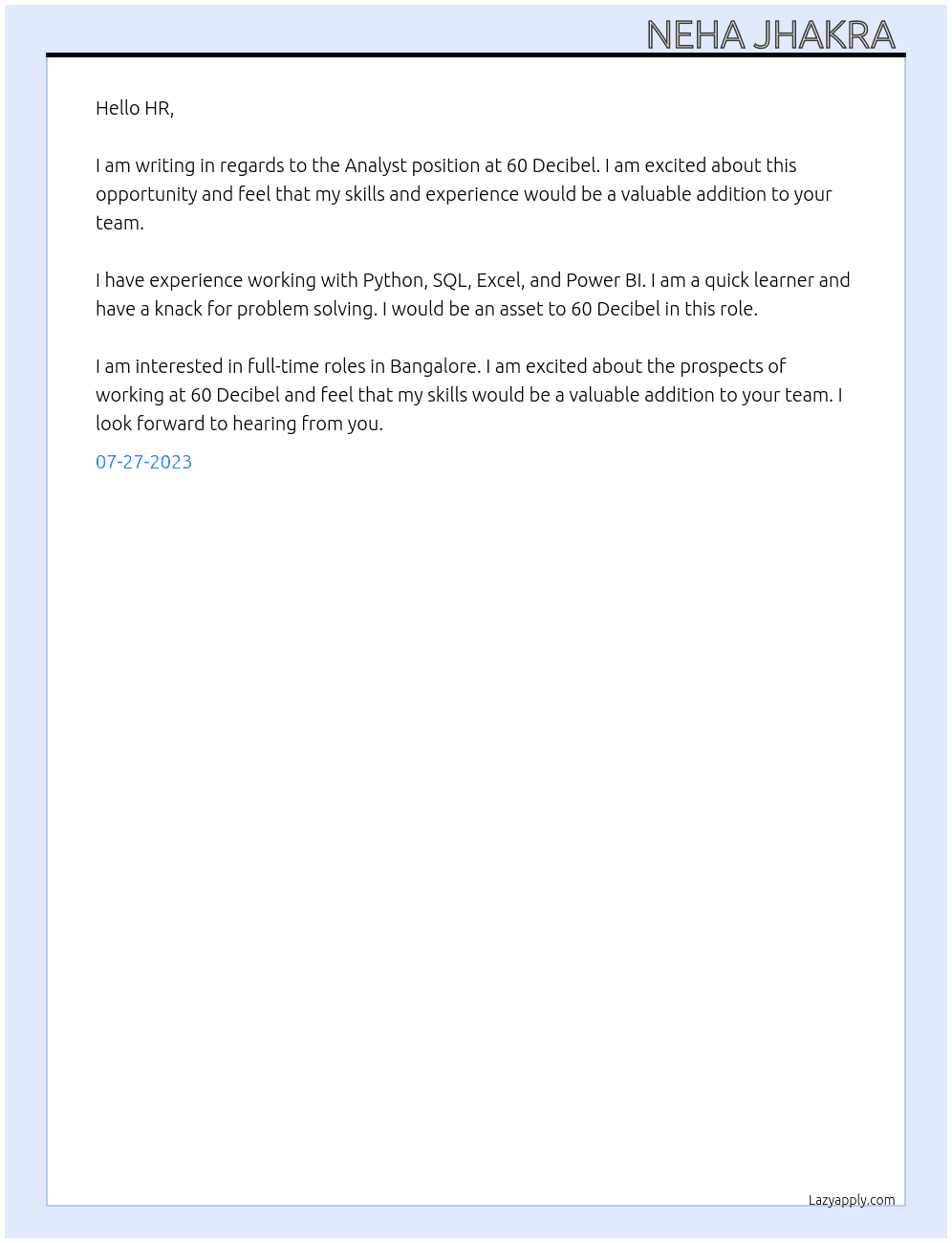 Analyst  At 60 decibel  Cover Letter